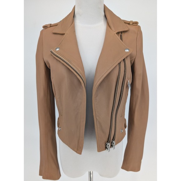 IRO Luigaspe Moto Jacket Women 36 Tan Lamb Leather Asymmetrical Zip Biker Chic - Picture 6 of 16